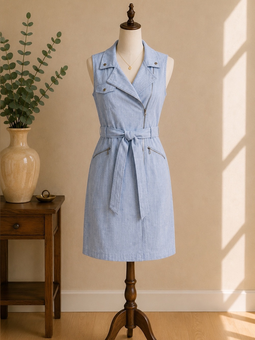Calvin Klein Chambray Utility Midi Light Blue Safari Shirt Dress, Size 10